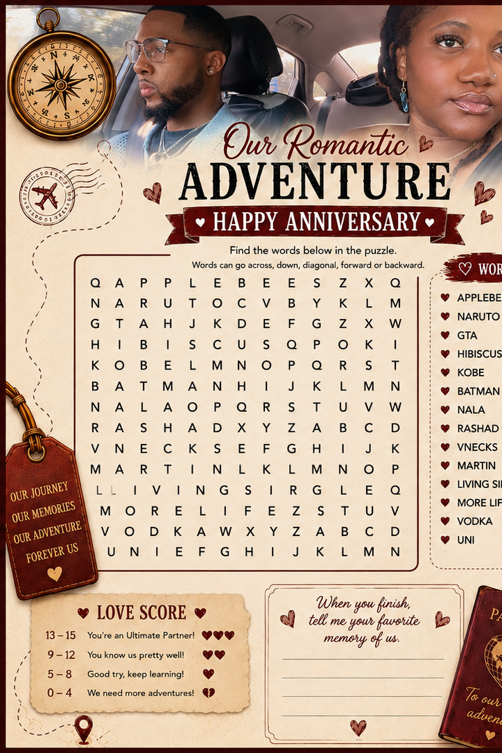 Our Romantic Adventure anniversary word search